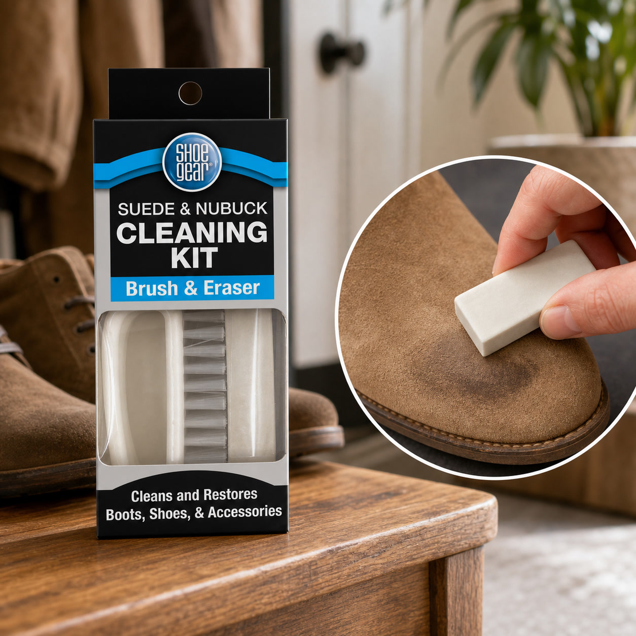 Sneaker Care For Suede - スエードとヌバックの靴ケアキット（ブラシと消しゴム付き） - ブーツ、スニーカー、ハンドバッグのクリーニングと質感の再生に